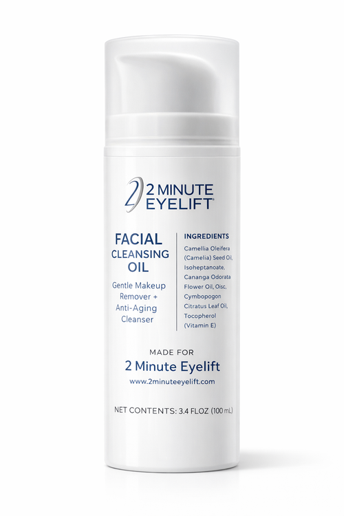 Facial cleansing oil bottle labeled '2 Minute Eyelift' on a white background